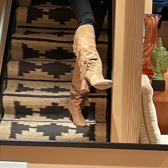 Sam Edelman vegan leather high fringe boot with stacked wood heel, rubber sole - Picture 2 of 16